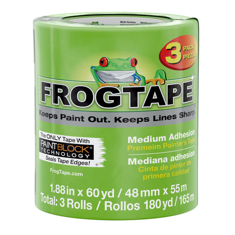 FrogTape Multi-Surface Painters Tape with PAINTBLOCK, 2 Inch Wide (1.88 In. x 60 Yds), Medium Adhesion, Green, 3 Rolls (240661) FrogTape