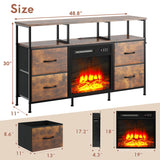 Fireplace TV Stand with 4 Fabric Drawers, TV Stand Dresser with Power Outlets and LED Lights, Fireplace Entertainment Center with Open Shelf for 43,50 Inch TV, for Living Room, Bedroom, Rustic Brown PUKAMI