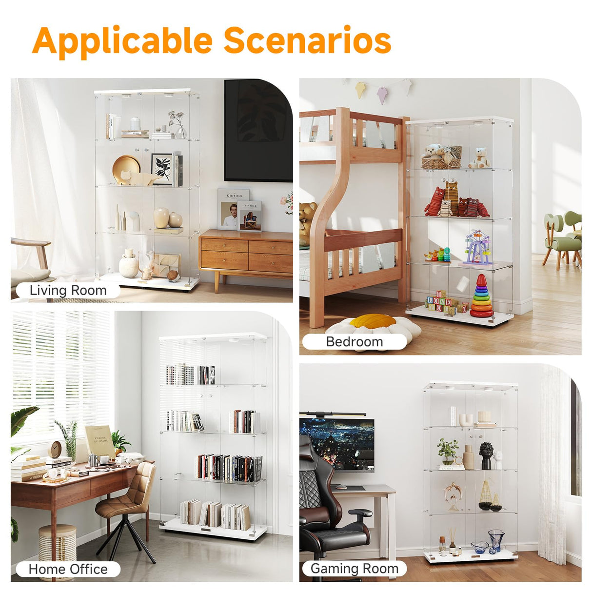 Zevemomo Tempered Glass Display Cabinet with Lights, 4-Tier Curio Cabinet with Glass Doors and Lock, Glass Display Case for Collectibles, for Living Room, Bedroom, Office, White, Double Door Zevemomo