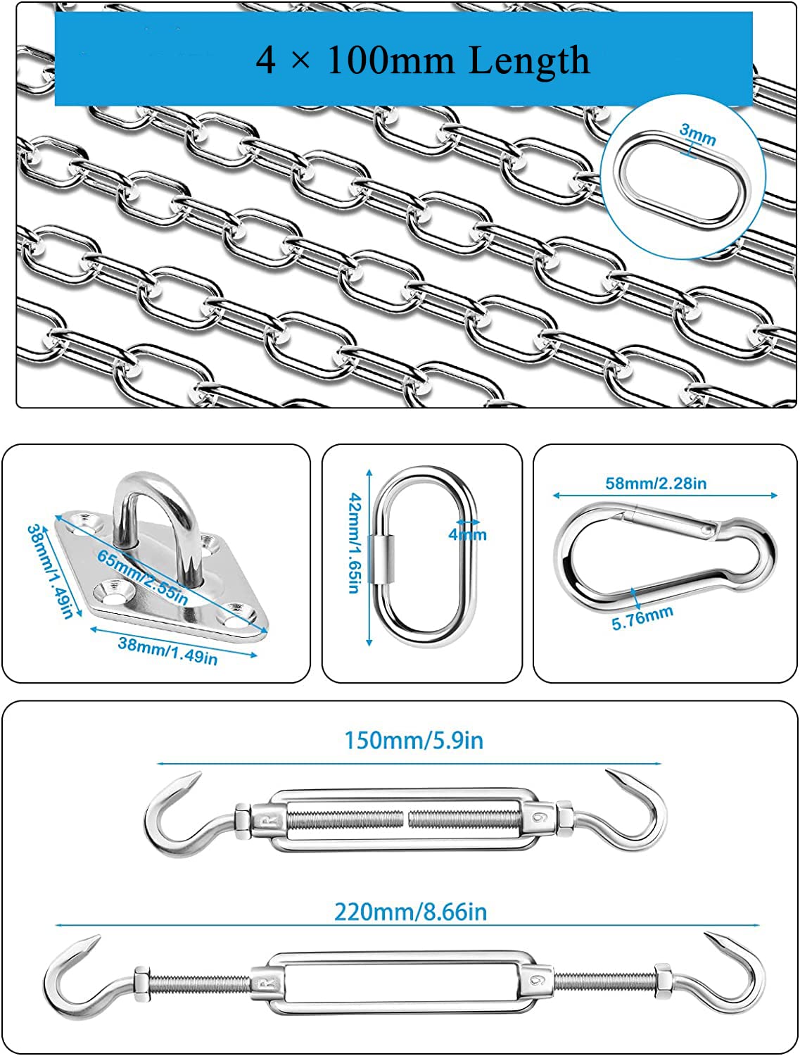 TooTaci Sun Shade Sail Hardware Kit Rectangle,304 Stainless Steel Hanging Chains 1M× 4pcs, 54pcs 6 inch Shade Sail Hardware Kit with Chains for Sun Sail Installation,Outdoor,Pergola,Patio Can - WoodArtSupply