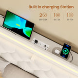 BTHFST Upholstered LED Bed Frame Queen Size with 5 Storage Drawers, Hidden Storage Headboard with Charging Station, Velvet Button Tufted Headboard Platform Bed, Beige BTHFST