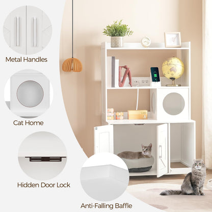 MAHANCRIS Cat Litter Box Enclosure with 2 Storage Shelves, 46.5" Large Wooden Hidden Cat Litter Box Furniture with Charging Station, Cat Washroom Storage Cabinet with Scratcher, White CWWT89E01