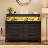 YITAHOME 6 Drawer Dressers with LED Lights, Wood Dressers Chests of Drawers, Modern Dresser with Open Shelf Storage for Room, Entryway, Hallway, Black YITAHOME