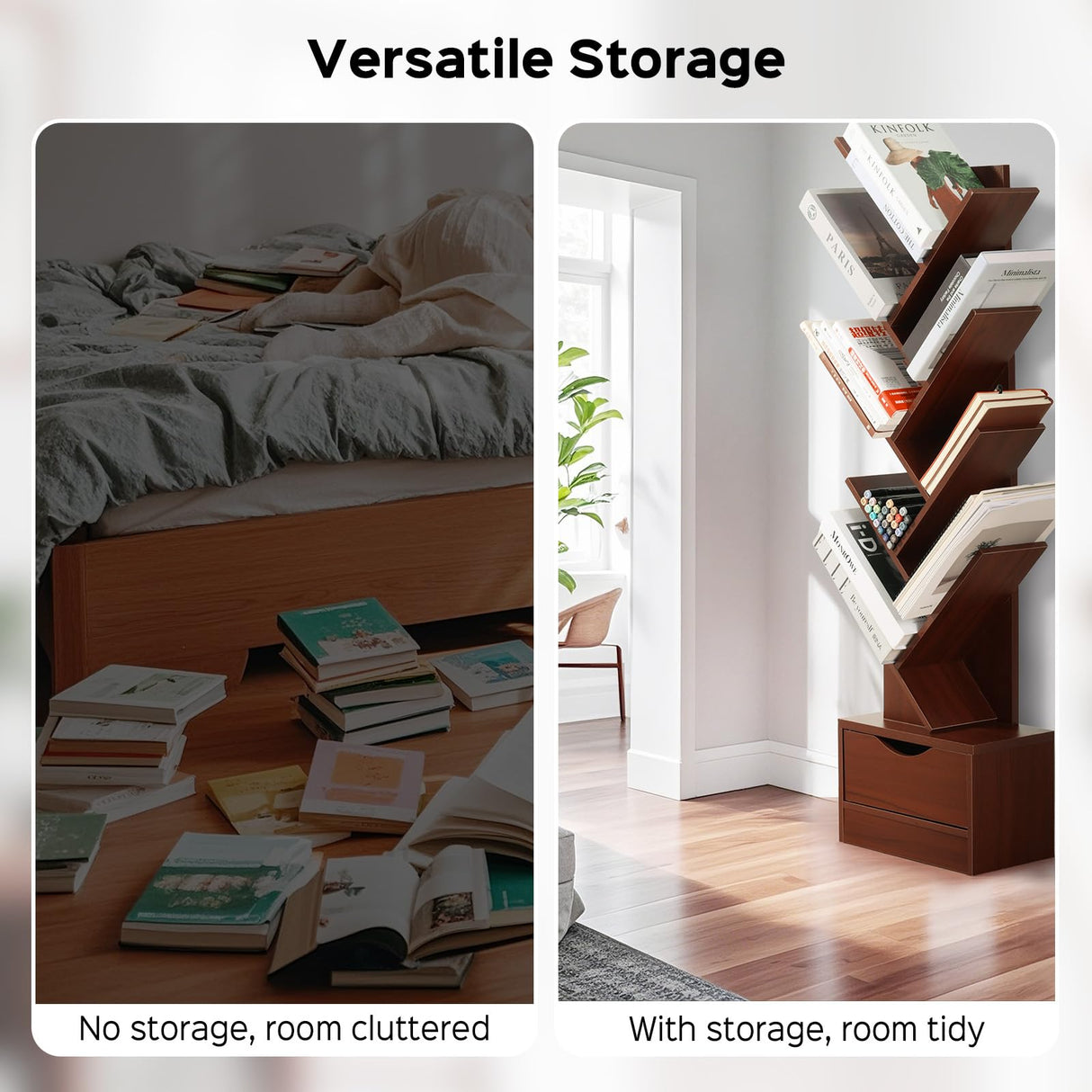 8-Tier Tree Bookshelf with Drawer, Tall Wood Bookcase for Small Spaces, Compact Floor Standing Shelf for Books, CDs & Decor, Tip-Resistant Design, Space-Saving Shelf for Living Room, Bedroom, Office LOVEWE