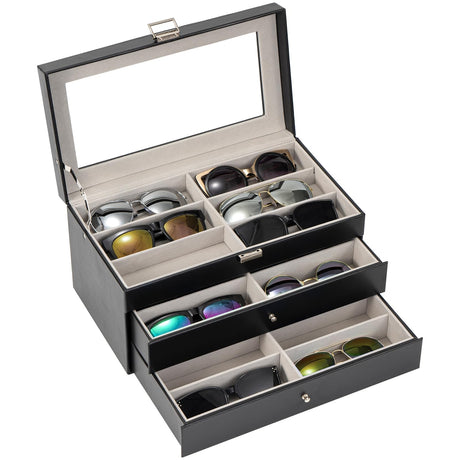 ProCase 3-layer Sunglasses Storage Organizer, 18 Slots Leather Sunglass Box Multiple Pairs Eyeglass Cases Eye Glass Eyewear Display Holder for Men Women, Father's Day Gift -Black ProCase