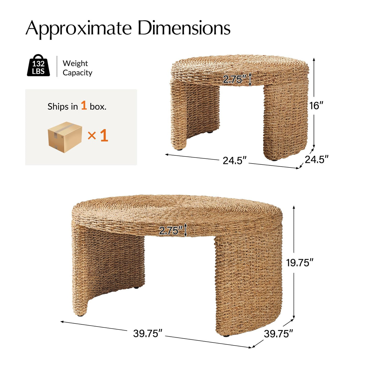 HULALA HOME Coastal Nesting Rattan Coffee Table, Large 39.75" and Small 24.5" Tables, Natural Water Hyacinth Bamboo Frame HULALA HOME