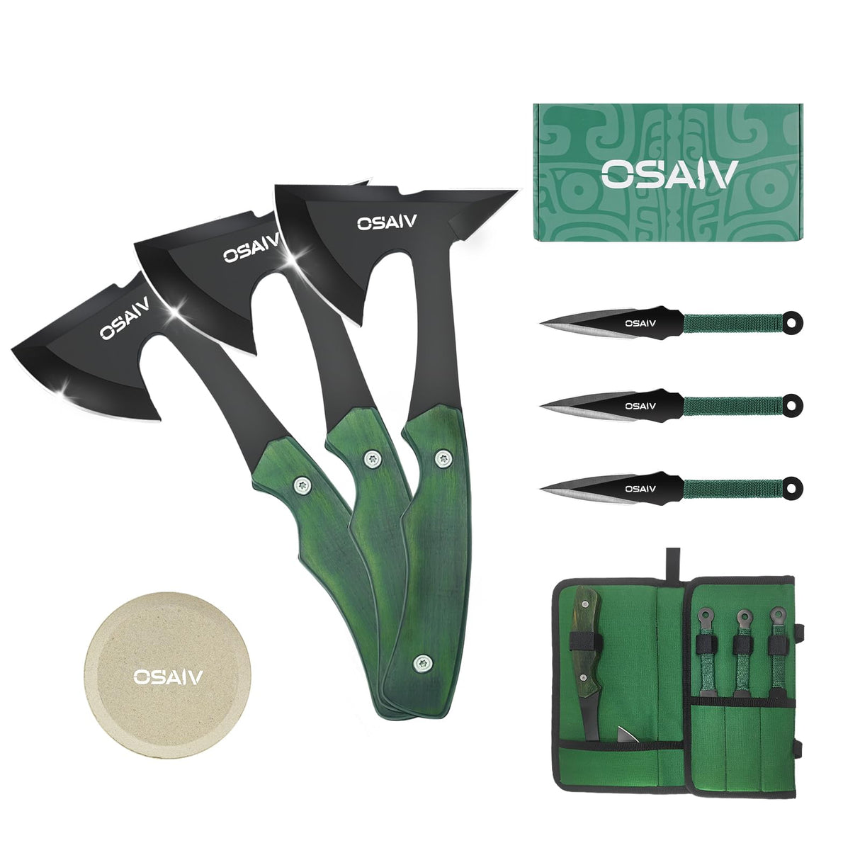 OSAIV Throwing Axes Set, Full Tang Stainless Steel Well Balanced Hatchet with Wooden Handle, 8.8in Double Bit Axe for Backyard Recreation and Competition, 3 Pack with Storage Bag and Whetstone osaiv