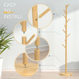 Wooden Coat Rack Freestanding Coat Tree with 4 Height Options and 9 Hooks, Sturdy Coat Rack Stand for Clothes/Bags/Hats, Easy Assemble Save Space for Entryway,Bedroom,Office,Narrow Place-Natural Bamdibola