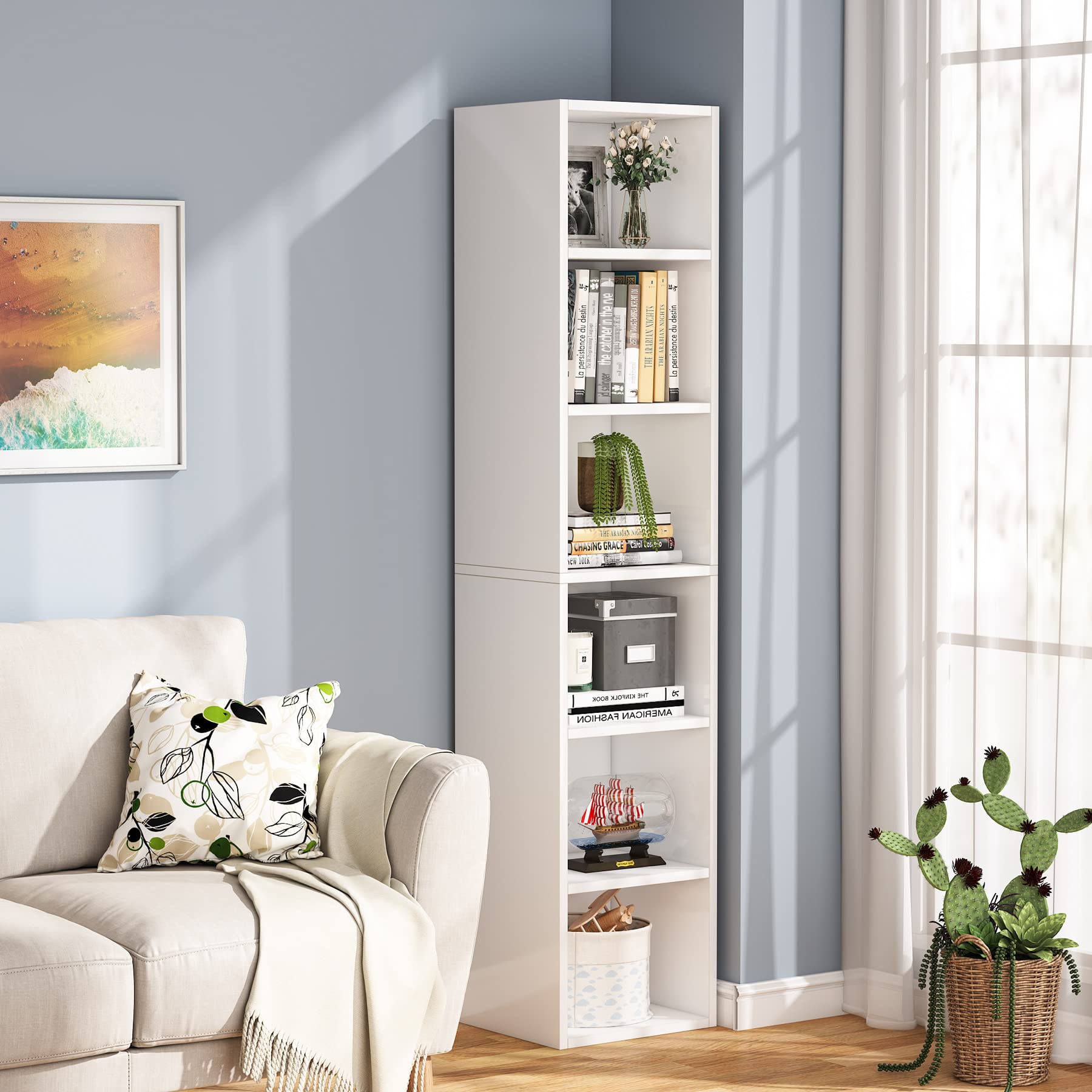 Tribesigns 70.9 Inch Tall Narrow White Bookcase with 6 Tier Cube Shelves for Space-Saving Storage - WoodArtSupply