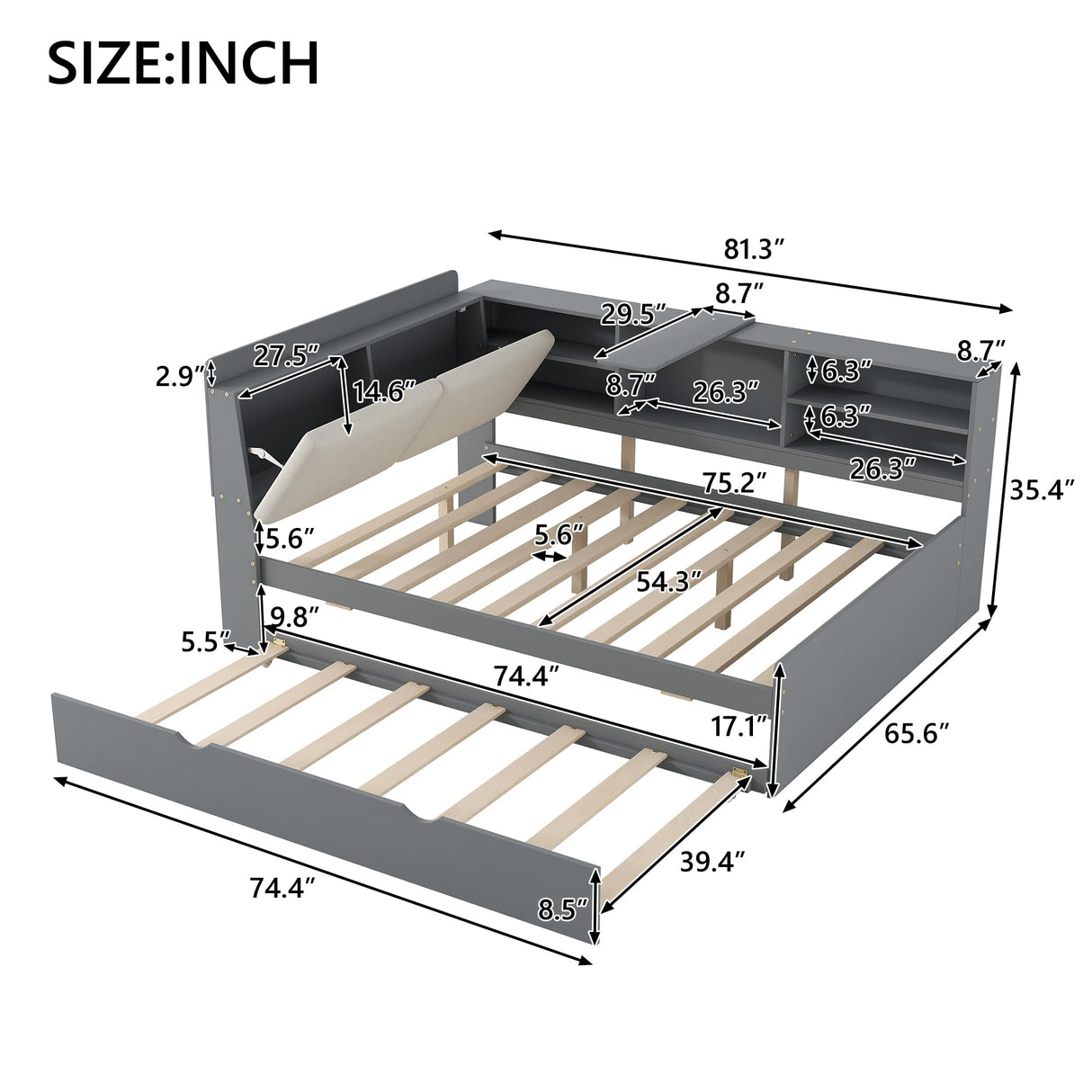 Harper & Bright Designs Full Size Daybed with Trundle and Storage Headboard, Wood L-Shaped Daybed with Shelves, Full Platform Bed Frame with L Shaped Beside Storage Bookcase, Gray Harper & Bright Designs