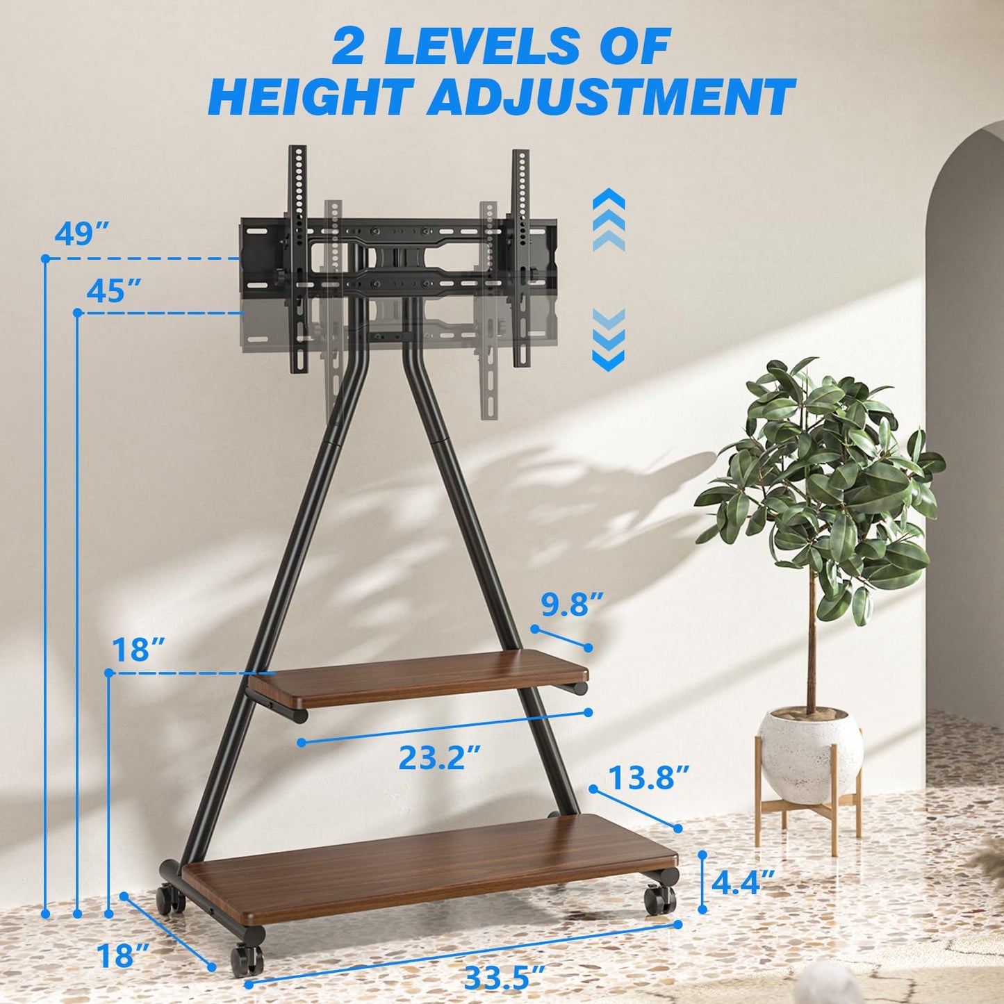 Rfiver Heavy Duty Rolling TV Stand for 43-80 Inch TVs up to 150lbs, Mobile TV Cart on Wheels with Dual Storage Shelves, Outdoor TV Stand with Tilt & Swivel Adjustment for Optimal Viewing Angles