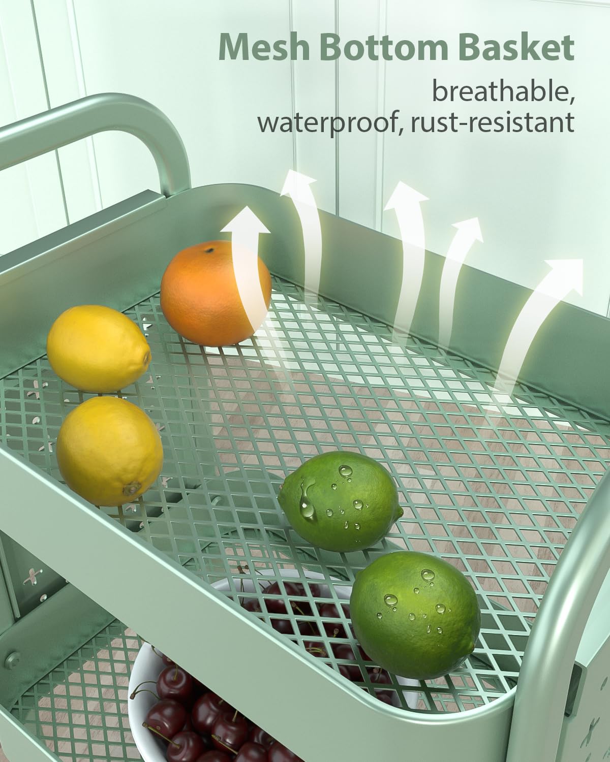 ALVOROG 3 Tier Rolling Cart with DIY Pegboards Metal Utility Cart with Wheels Handles Baskets Hooks, Storage Cart for Office Kitchen Bathroom(Green) ALVOROG