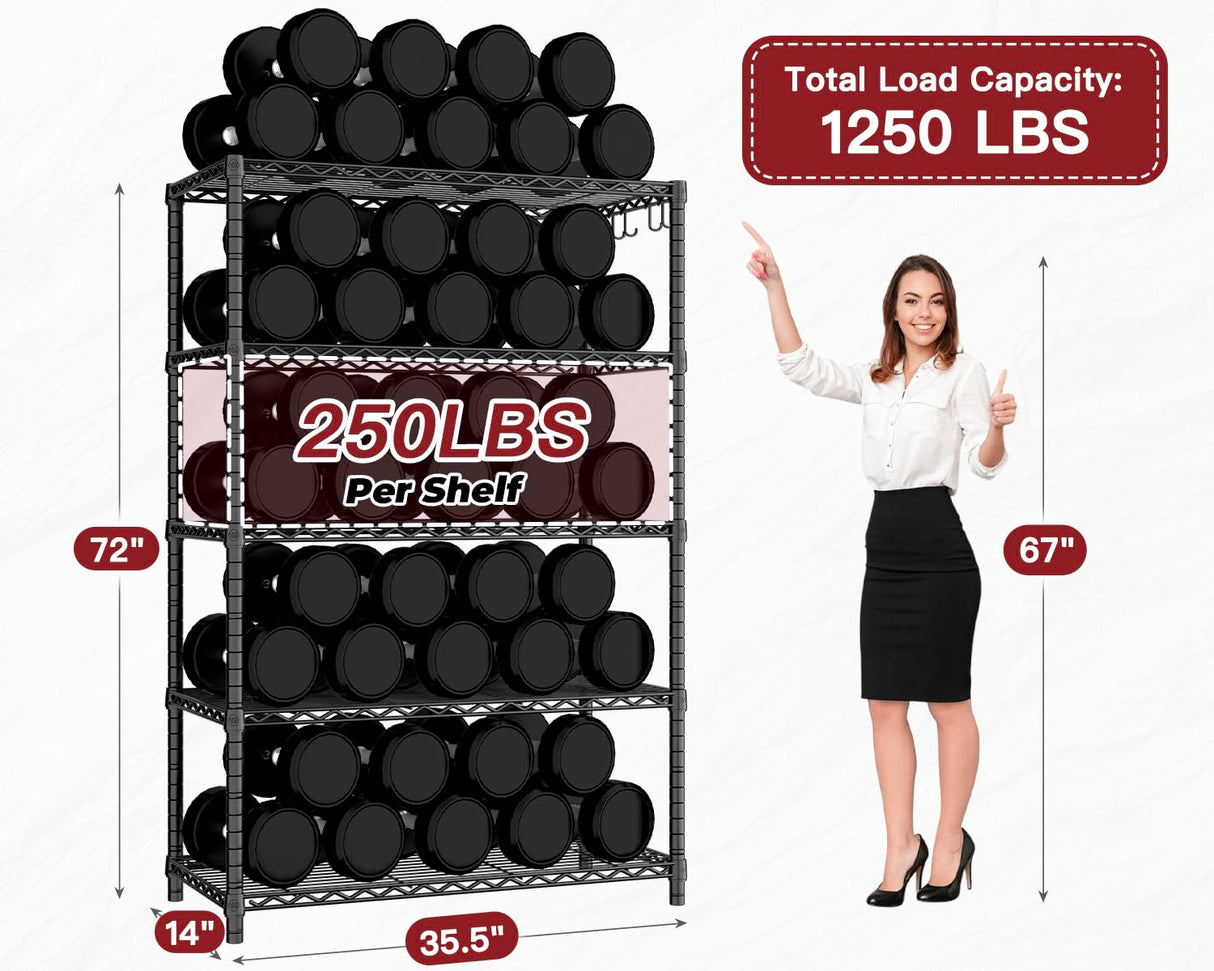 PrimeZone Wire Metal Storage Shelves - 5 Tier Adjustable NSF-Certified Heavy Duty Garage Shelving Unit Organizer Rack, Steel Utility Shelf for Kitchen, Pantry, Closet, 35.5" W x 14" D x 72" H, Black PrimeZone