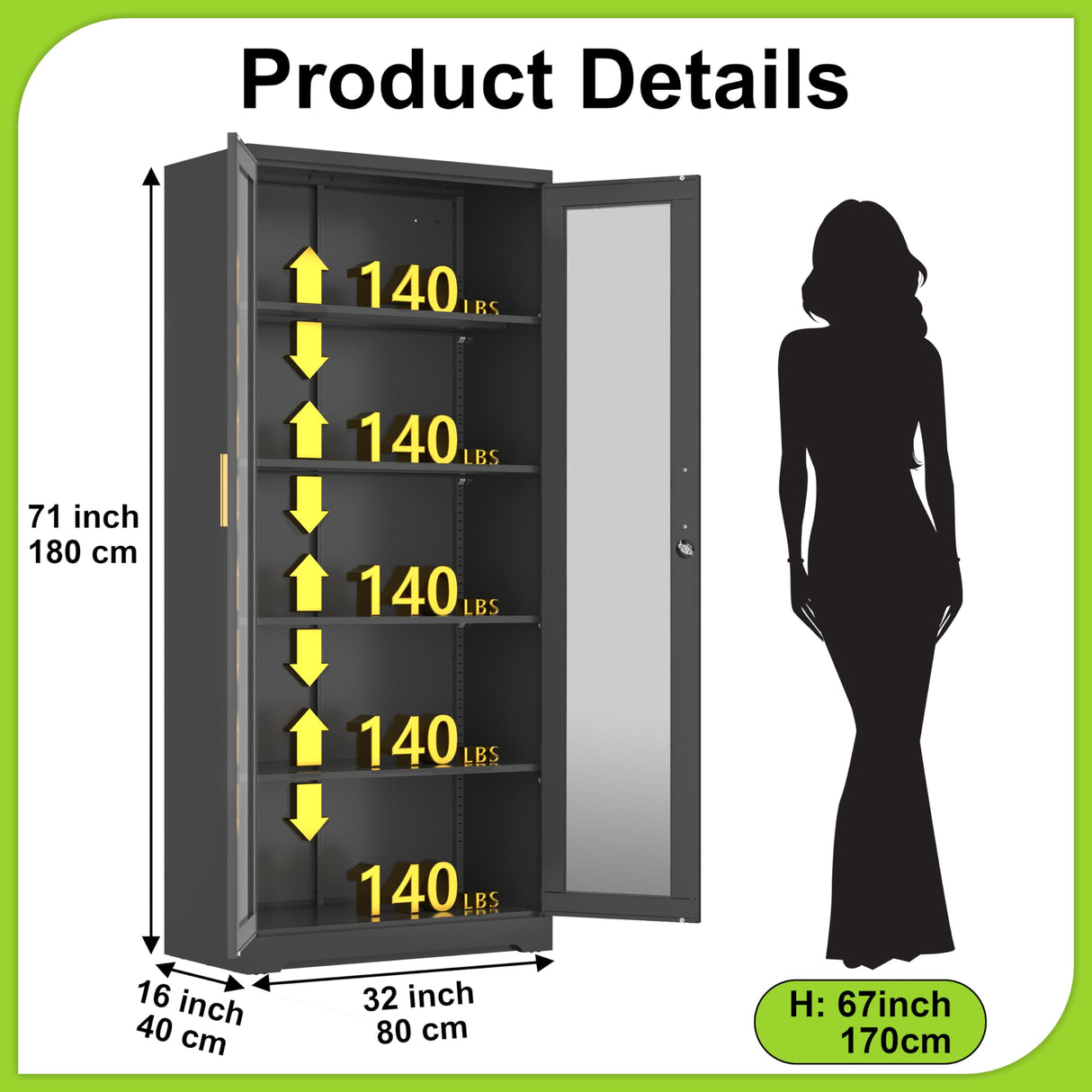 UNICOLY Storage Cabinet with Doors and Shelves, Display Cabinet with Glass Doors, Pantry Cabinet, Curio Cabinet with Locking Doors, Metal Storage Cabinet for Office,Kitchen,Living Room 71” H Black UNICOLY