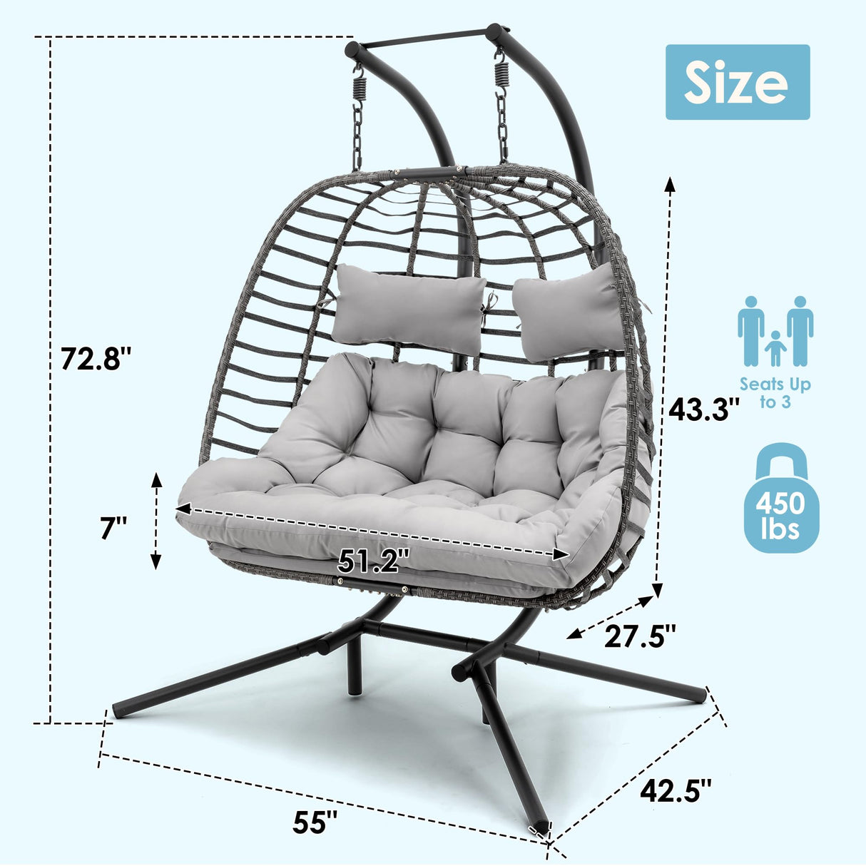 Brafab Double Swing Egg Chair with Stand, Large Hand-Woven Wicker Rattan Hanging Egg Chair for 2 People, Porch Hammock Swing Loveseat with Thick Cushion and Sturdy Steel Stand for Indoor Outdoor Brafab