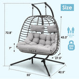 Brafab Double Swing Egg Chair with Stand, Large Hand-Woven Wicker Rattan Hanging Egg Chair for 2 People, Porch Hammock Swing Loveseat with Thick Cushion and Sturdy Steel Stand for Indoor Outdoor Brafab