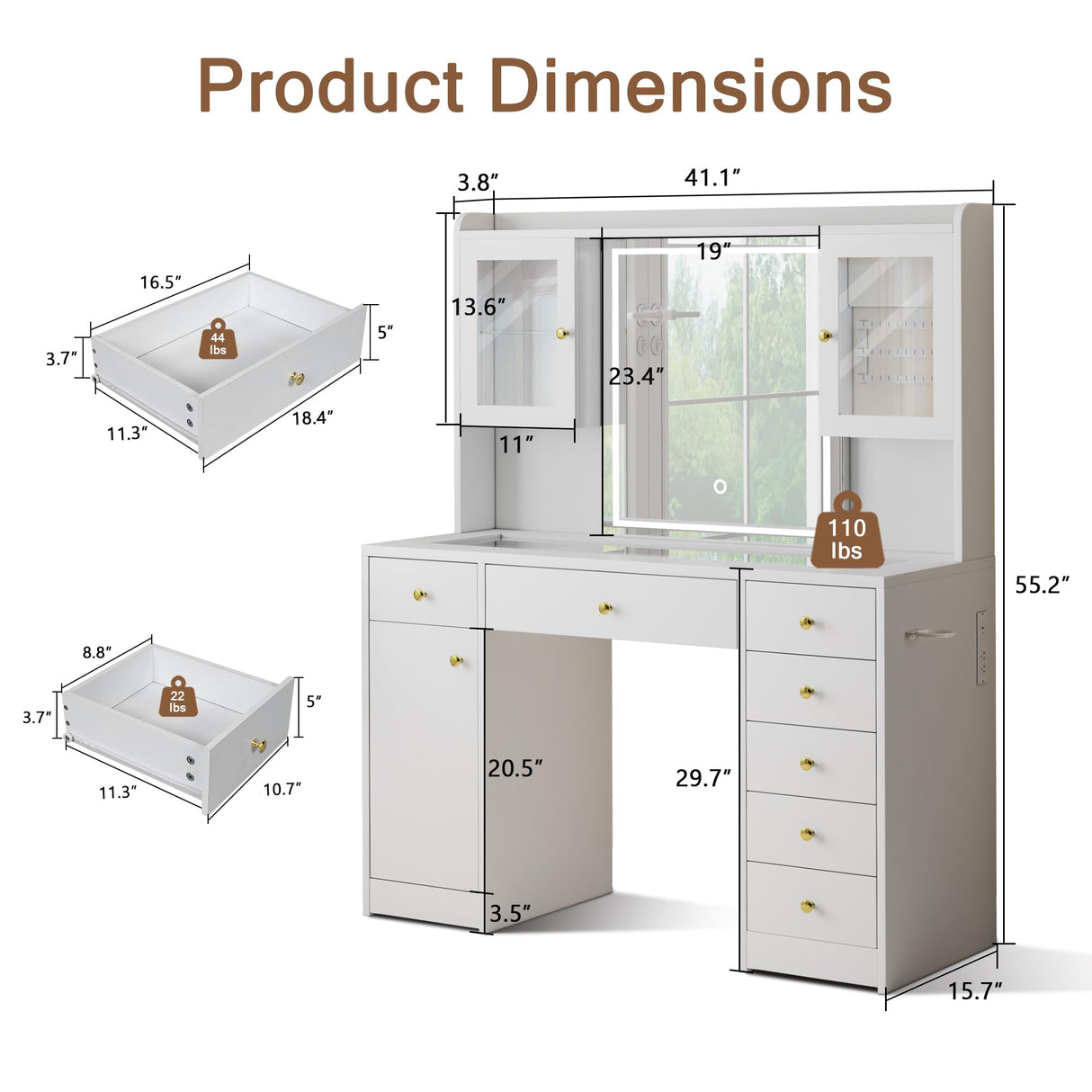 Einhomn Makeup Vanity Desk with Mirror & LED Lights, Large Glass Top Vanity Table with 7 Drawers & 3 Cabinets, Modern Dressing Table with Charging Station & RGB Lights for Bedroom, White Einhomn