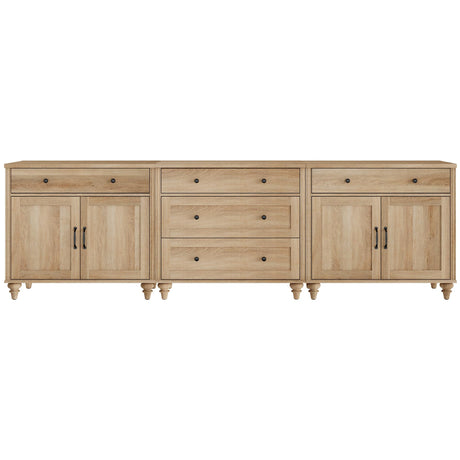 WAMPAT Farmhouse TV Stand for 100 Inch TV, 3-in-1 TV Console Table with 5 Drawers and 4 Doors, Entertainment Center for 75/80/85/90 Inch TV, Kitchen Sideboard Buffet Cabinet for Dining Room, Oak WAMPAT