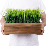 MyGift 14 Inch Artificial Green Grass Plant in Solid Acacia Wood Planter Window Box, Faux Greenery in Decorative Rectangular Crate Style Wooden Container MyGift