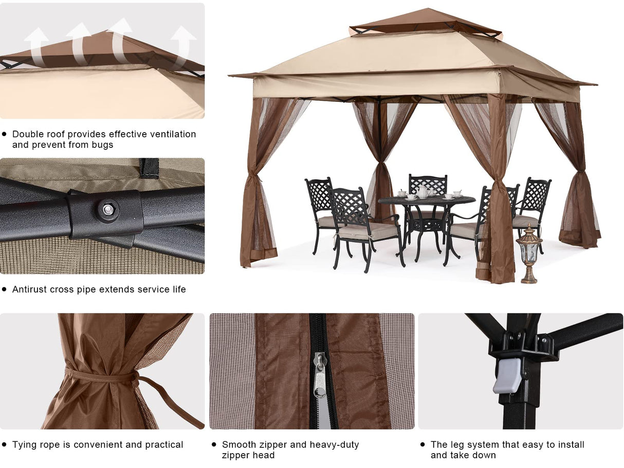 MASTERCANOPY Patio Gazebo Outdoor Pop Up Gazebo with Mesh Walls (Champagne, 11x11) MASTERCANOPY