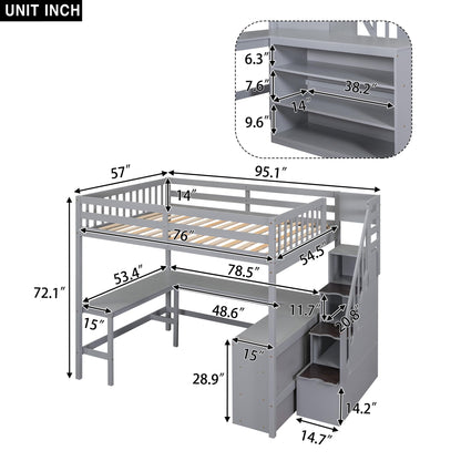 SOFTSEA Full Loft Bed with Desk and Stairs, Solid Wood Loft Bed with Storage Steps, Multi-Function Loft Bed with Storage Cabinet, High Loft Bed for Kids Teens Adults, Grey