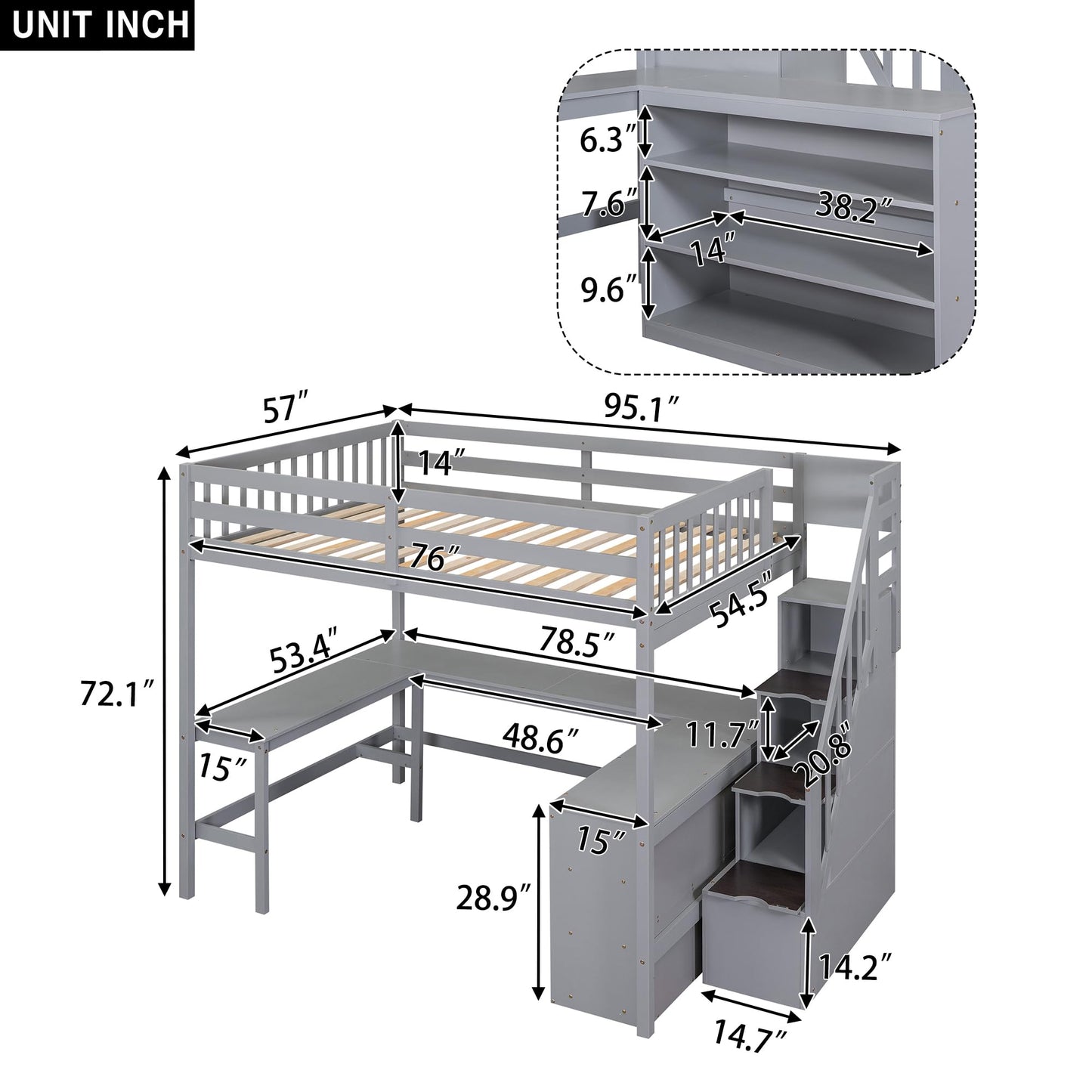 Merax Grey Full Size Loft Bed Frame with Built-in L-Shaped Desk, Storage Stairs, and Shelves for Kids - WoodArtSupply