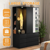 Armoire Wardrobe Closet with Mirror Door and LED Light, Bedroom Armoire with 6 Drawers, Modern Wooden Large Wardrobe Closet with Shelves, Wooden Armoire with Hanging Rod for Bedroom(Black) CORAZAZA