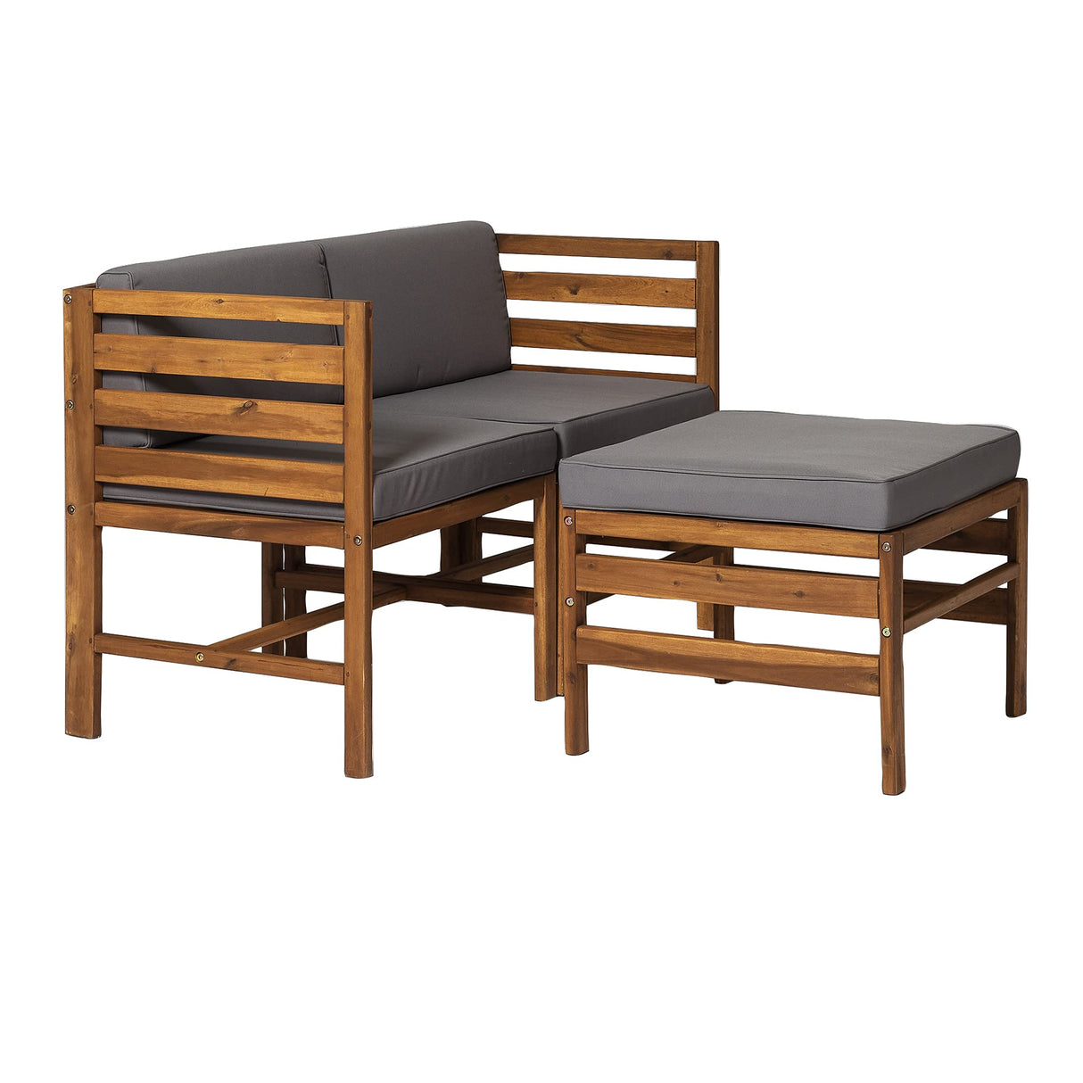 Walker Edison Ravello Contemporary 3 Piece Acacia Wood Outdoor Modular Chat Set with Cushions, Set of 3, Brown Walker Edison