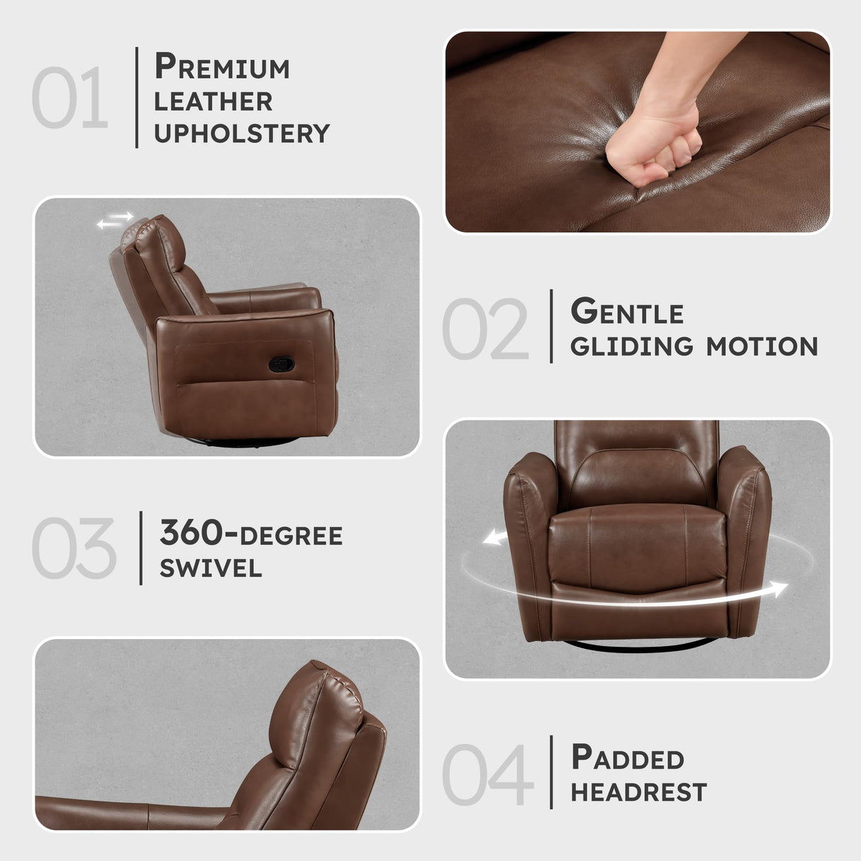 Lexicon Swivel Glider Reclining Chair, Top Grain Leather Match Manual Recliner, Comfy Nursery Glider Recliner, Swivel Reclining Chair for Living Room/Office/Bedroom/Apartment, Toffee Brown Lexicon