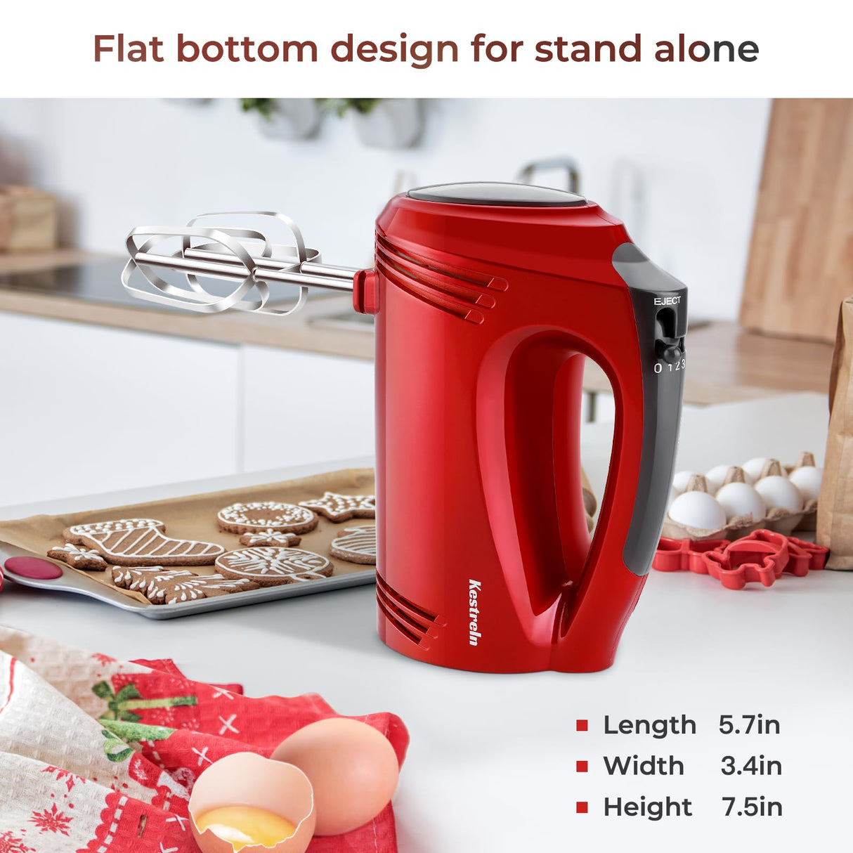 Kestreln Hand Mixer Electric Handheld with Flat Bottom, Portable Mixer for Kitchen Baking Cake, Powerful Mixing for Thicker Doughs with dough hooks Kestreln