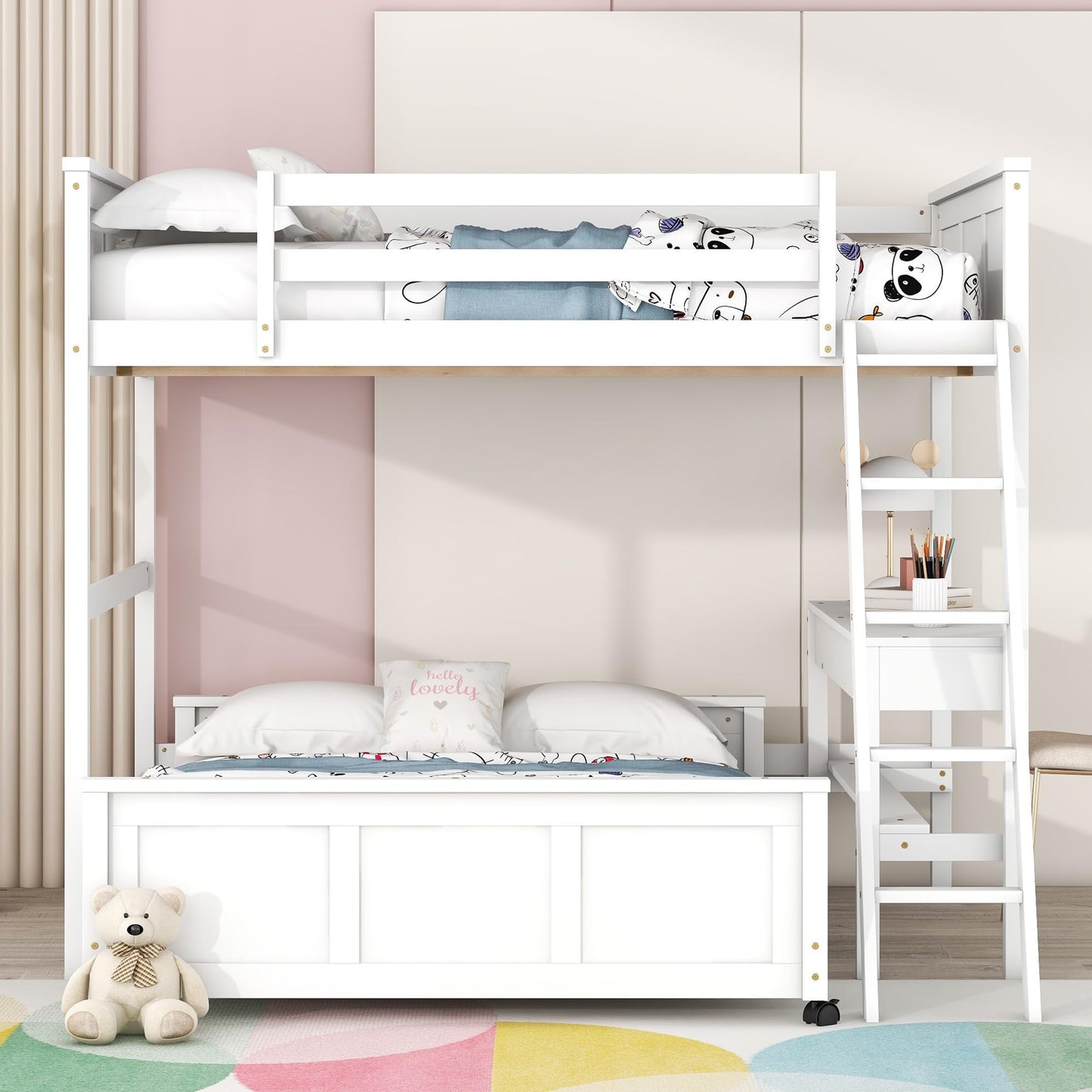 Bellemave Full Over Full Loft Bed with Desk and Storage Drawers in White - WoodArtSupply