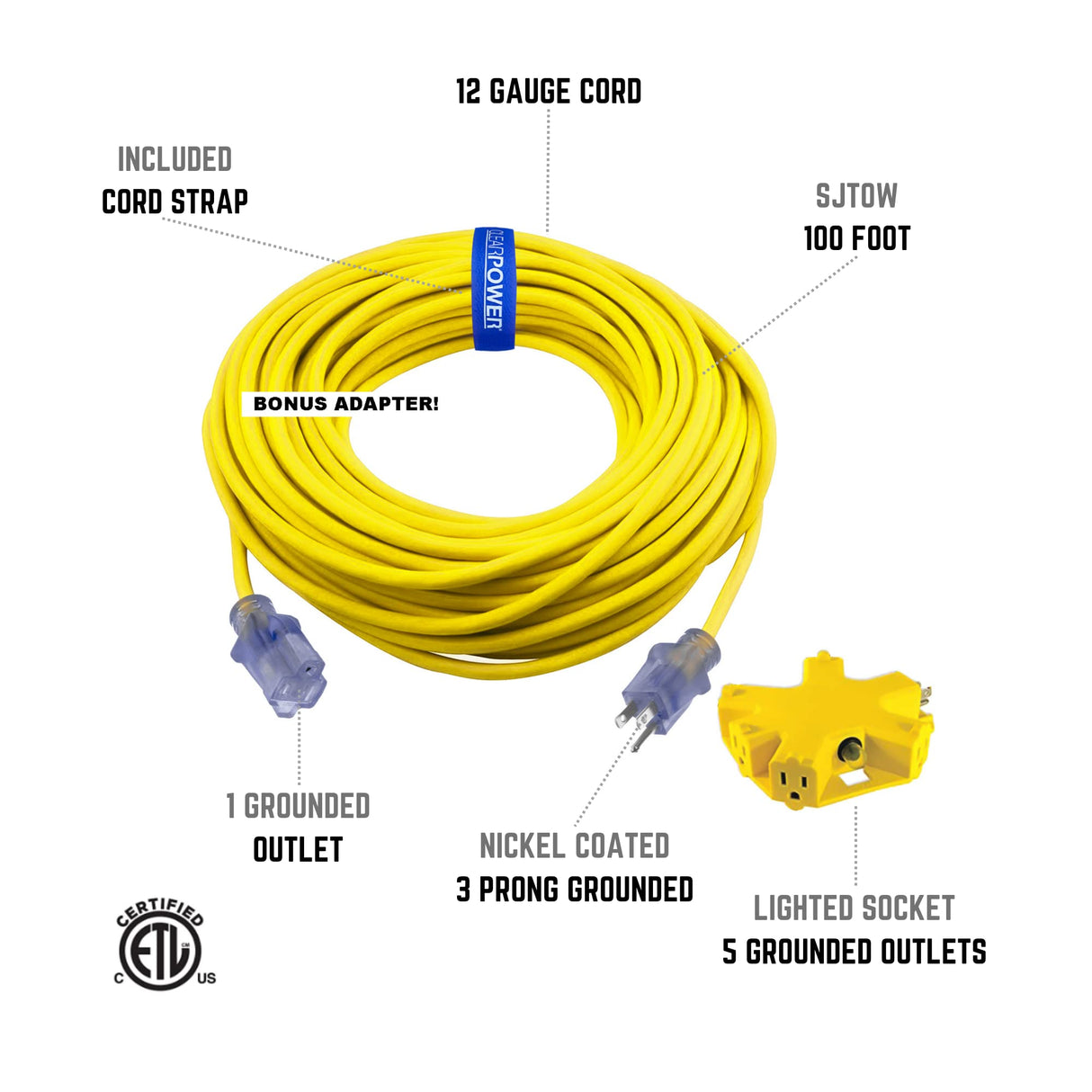 Clear Power 100 ft 12/3 SJTOW Extra Heavy Duty Contractor Grade Extension Cord with 5 Outlet Adapter Combo, Oil Water & Weather Resistant, Flame Retardant, Yellow, 3 Prong Grounded Plug, CPCO90001 Clear Power