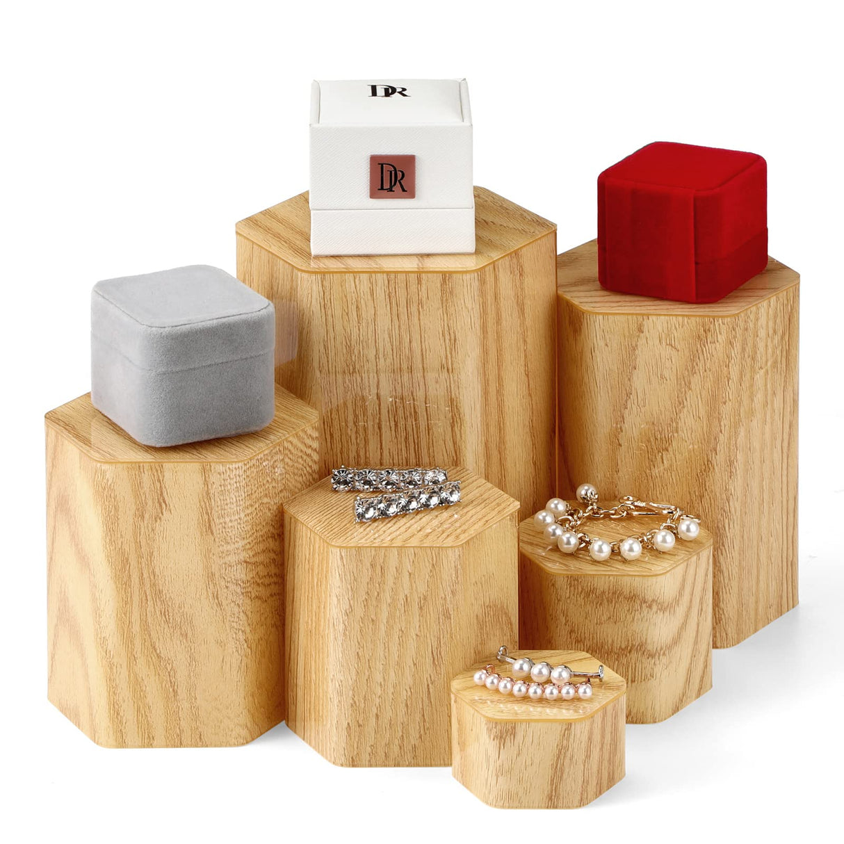 Jetec Hexagonal Jewelry Display Risers Hexagonal Market Display Risers Stands Acrylic Showcase Acrylic Stand for Jewelry Model Figures Decoration, 6 Sizes(Woodgrain,12 Pieces) Jetec