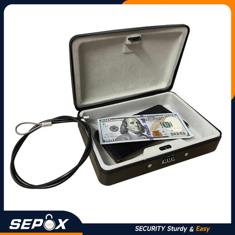 SEPOX® 2Pcs Water/Fire-Resistant Portable Security Case Lock Box Steel, Personal Travel Safe Storage Cabinet for Small Item, 3-Ft Cable, Ressetable Combination Lock for Dorm, Car, Sports, Office SEPOX