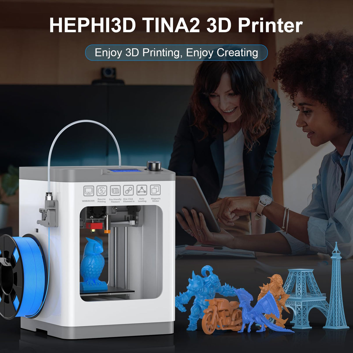TINA2 Mini 3D Printer, HEPHI3D FDM 3D Printers for Beginners, Fully Assembled Auto Leveling 3D Printer for Kids, Resume Printing Function, Fully Open Source, Removable Flexible Magnetic Build Plate HEPHI3D