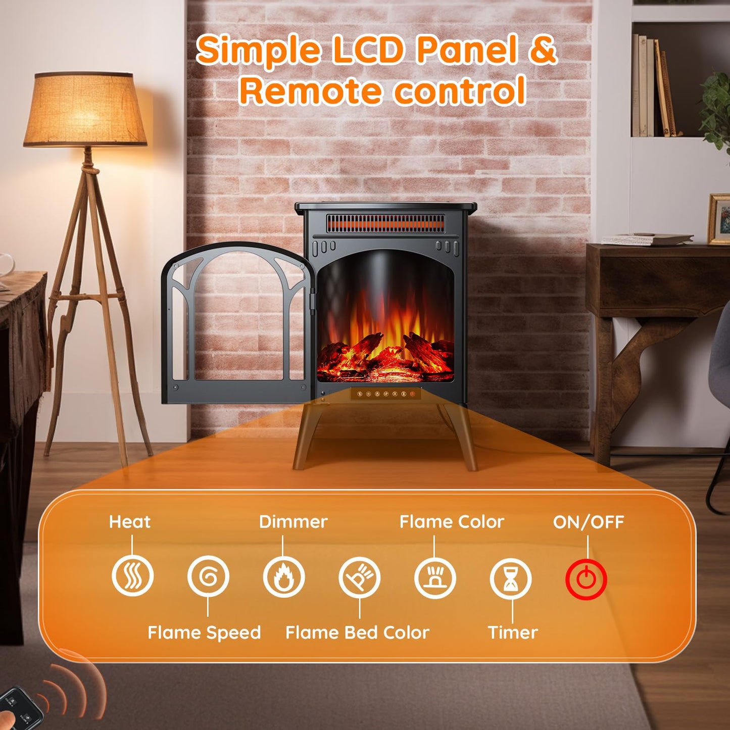 Rintuf Small Electric Fireplace Heater, 1500W Infrared Fireplace Stove with 3D Flame Effect, Adjustable Thermostat, 8H Timer, Remote Control, Freestanding Space Heaters for Indoor Use Large Room Safe