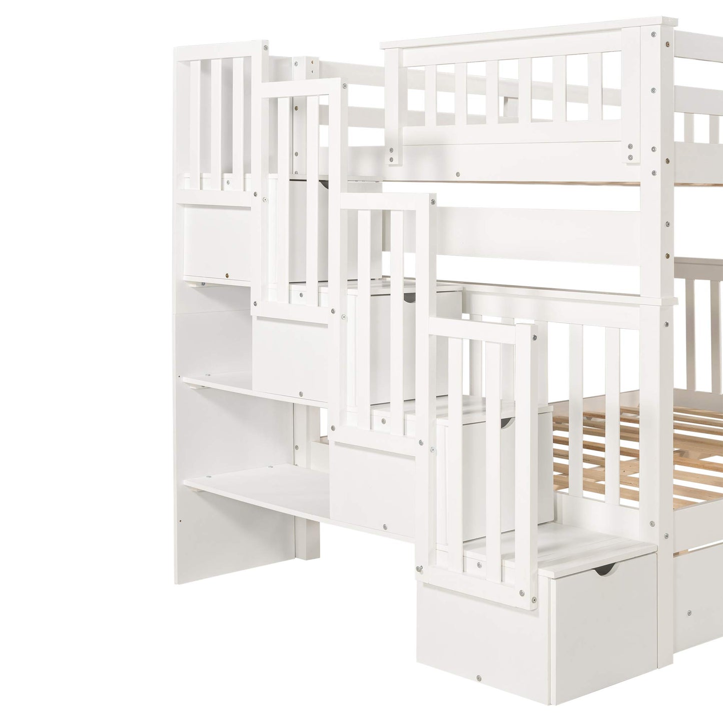 MERITLINE Full Over Full Bunk Bed with Stairs and 6 Storage Drawers, Solid Wood Bunk Bed with Storage Drawers, for Kids Teens Adults (White)