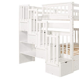 MERITLINE Full Over Full Bunk Bed with Stairs and 6 Storage Drawers, Solid Wood Bunk Bed with Storage Drawers, for Kids Teens Adults (White) MERITLINE