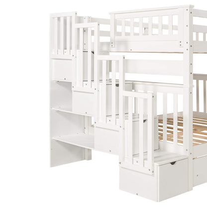 MERITLINE Full Over Full Bunk Bed with Stairs and 6 Storage Drawers, Solid Wood Bunk Bed with Storage Drawers, for Kids Teens Adults (White)