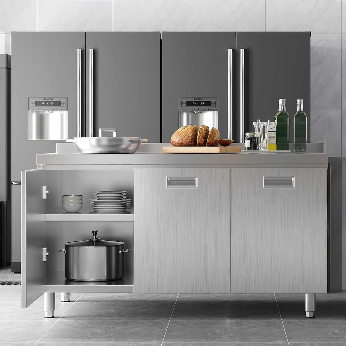 ZZV Stainless Steel Table Cabinet for Prep & Work 21 x 59 Inch, Heavy Duty Prep Table with 3 Pull-Out Doors, Commercial Workbench with Cabinet for Kitchen, Restaurant, Hotel, Garage, and Warehouse ZZV