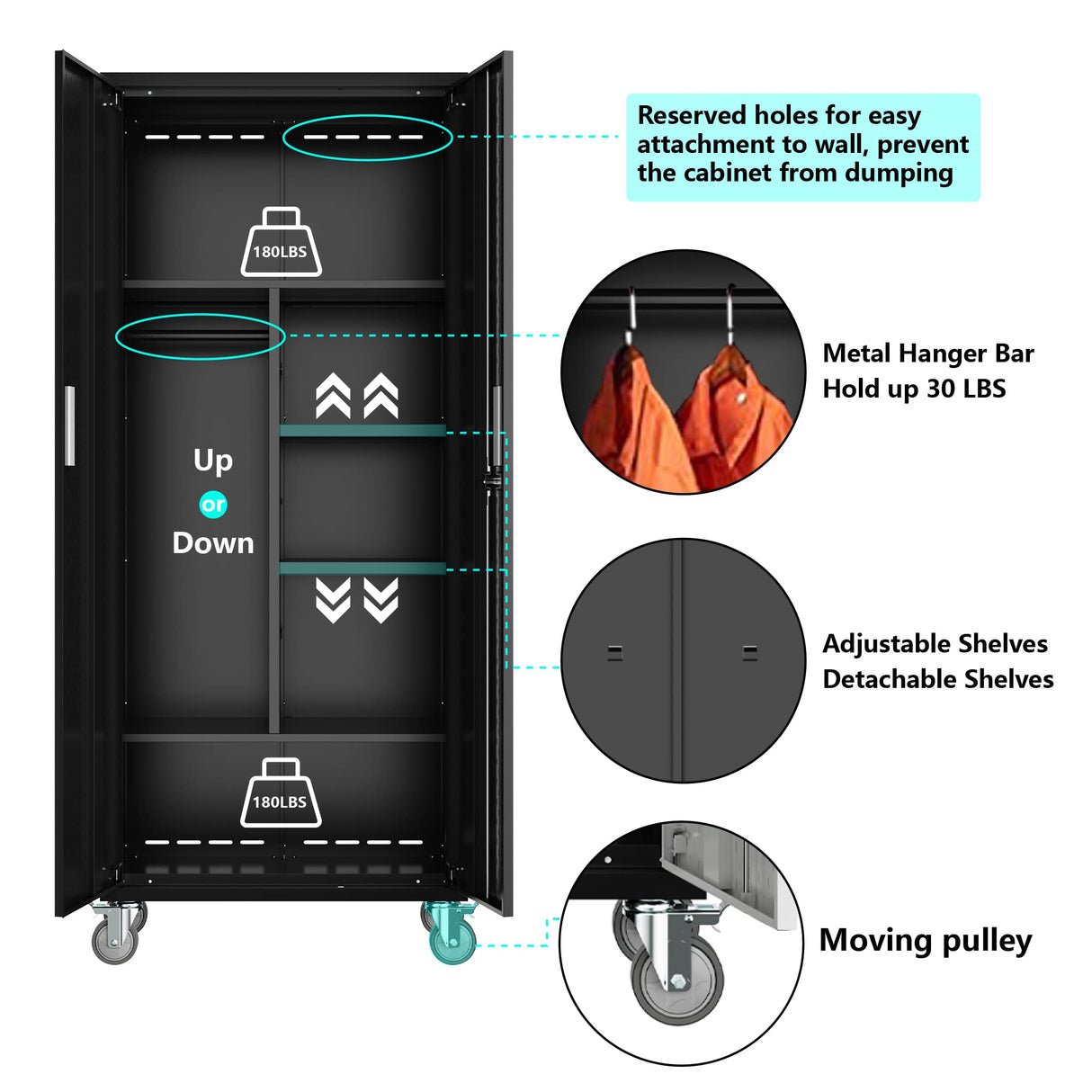 Metal Storage Cabinets Locker for Home Office, 72" Garage Storage Cabinet with Wheels, Lockable Doors and Shelves, Steel Wardrobe Cabinet with Hanging Rod for Bedroom,Garage,Employees,School,Gym Petonline