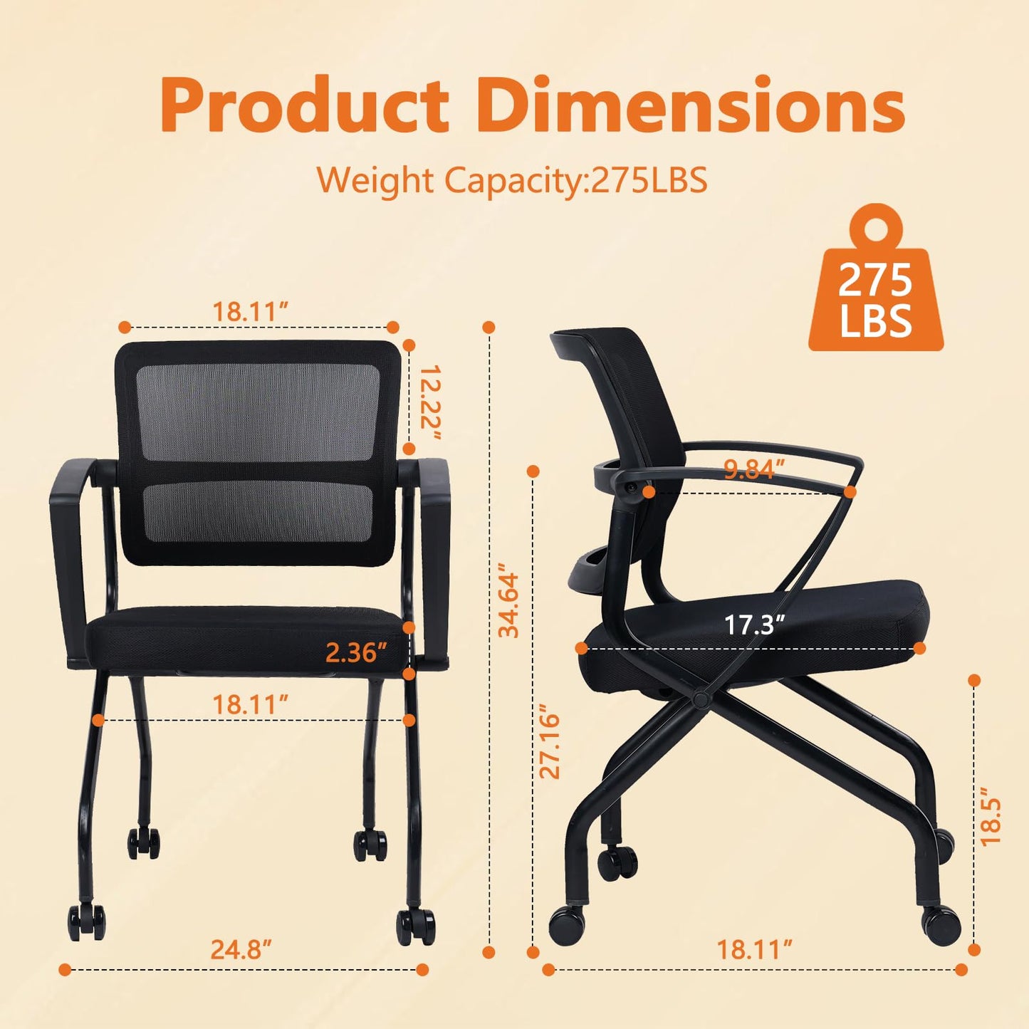 CLATINA Foldable Mesh Ergonomic Training Room Chair Guest Reception Stack Chairs with Caster Wheels and Arms for Office School Church Meeting Conference Training Waiting Room Black (Black Mes - WoodArtSupply