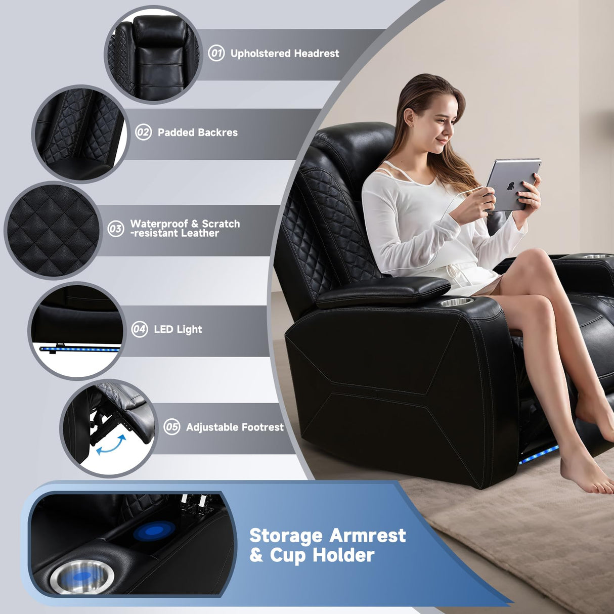 3+2+1 PU Leather Power Sectional Sofa Set, Living Room Furniture, Reclining Couch, Loveseat, Chair with LED Light/USB Ports/Storage Armrests/Center Console/Cup Holders/Wireless Chargers/Coffee Table NicBex