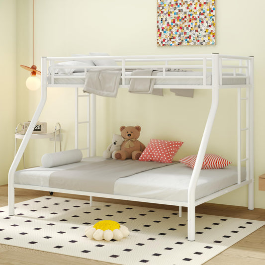 Twin XL Over Queen Bunk Bed for Boys/Girls/Teens/Adults, Heavy-Duty Metal Bunk Beds Frame with 2 Ladders & High Guardrails, Under Bed Storage Space, Noise Reduced, No Box Spring Needed,White