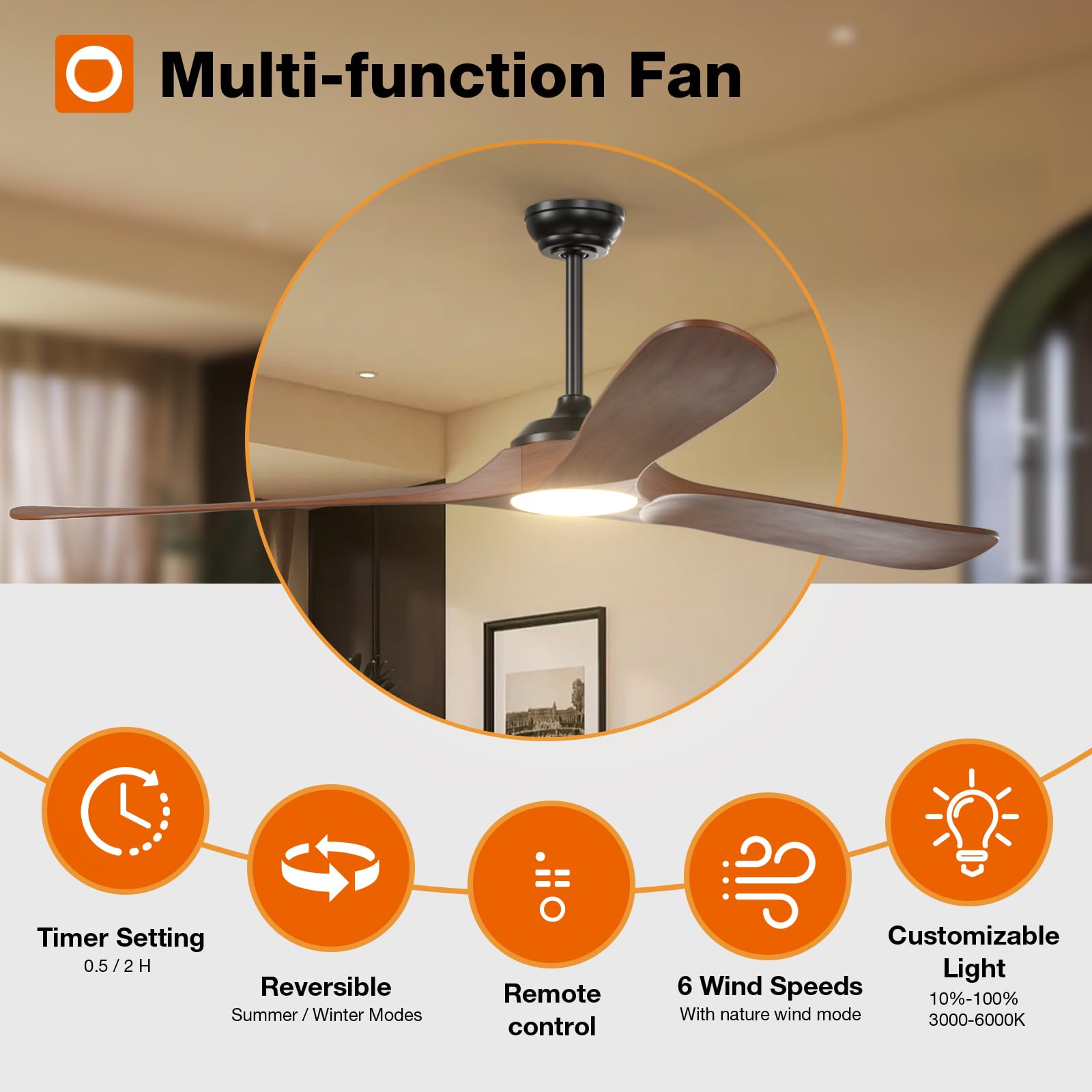 addlon Ceiling Fans with Lights, 72 inch Indoor/Outdoor Ceiling Fan with Remote Control, Reversible, 3 Wood Blades, 6 Speeds, 3CCT Dimmable, Noiseless, Large Ceiling Fan for Patio, gazebo, Fa - WoodArtSupply