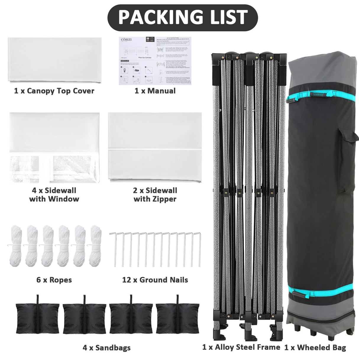 COBIZI 10x20 Pop Up Canopy with 6 Sidewall,Heavy Duty Canopy UPF 50+ All Season Wind Waterproof Commercial Outdoor Wedding Party Tents for Parties Canopy Gazebo with Roller Bag(10 x 20 ft White) COBIZI