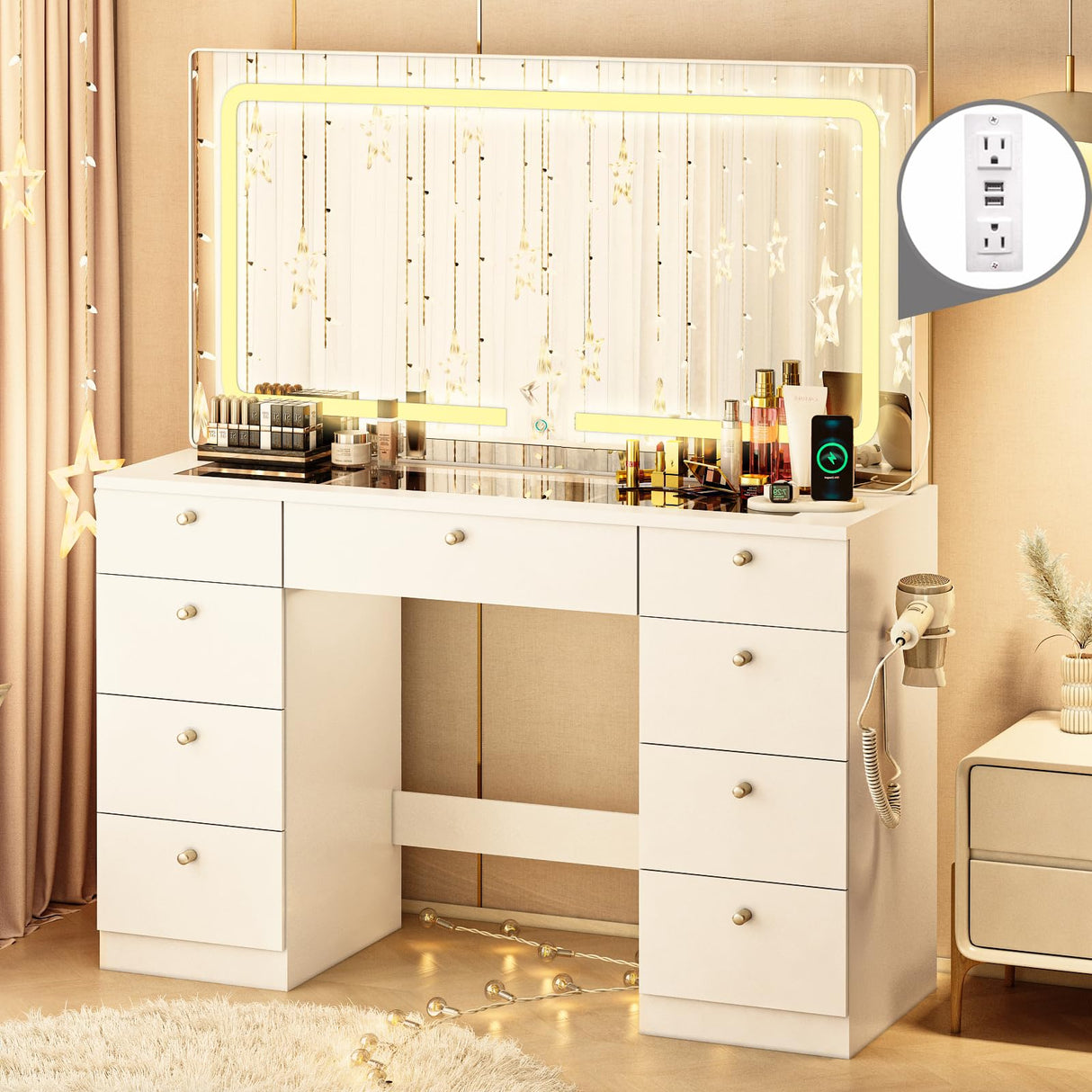 JassmiPkwy 46 INCH Makeup Vanity Desk with Mirror - Glass Tabletop Vanity Table with Lights, Drawers, Power Outlet, Large Storage Desk for Bedroom, White JassmiPkwy