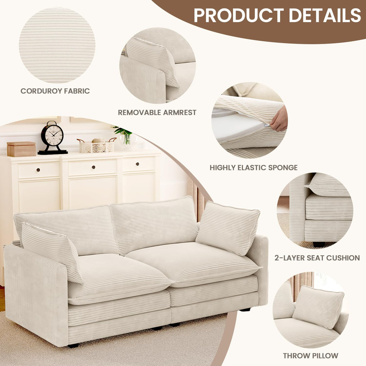 ROWHY 78'' Sectional 2 Seat Cloud Loveseat with 2 Throw Pillows, Modern Corduroy Love Seat, Cozy Sofa for Living Room, Office and Bedroom, Beige ROWHY
