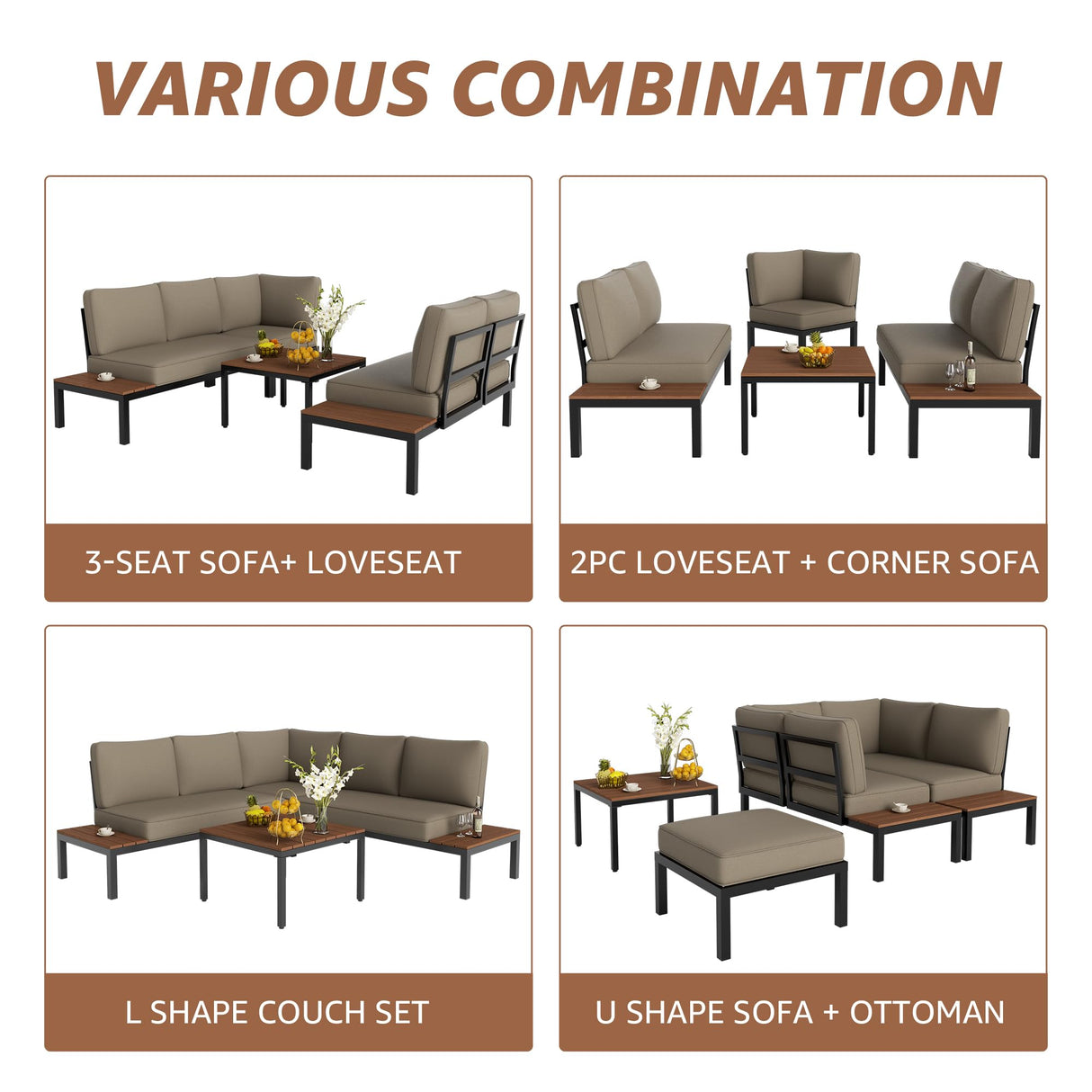 NATURAL EXPRESSIONS Patio Furniture Sets, Metal Outdoor Sectional L Shape Corner Sofa Outdoor Couch with Detachable Backrest,3 Fauxwood Tables,Black Frame,Shale Olefin Cushions for Yard,Garden NATURAL EXPRESSIONS