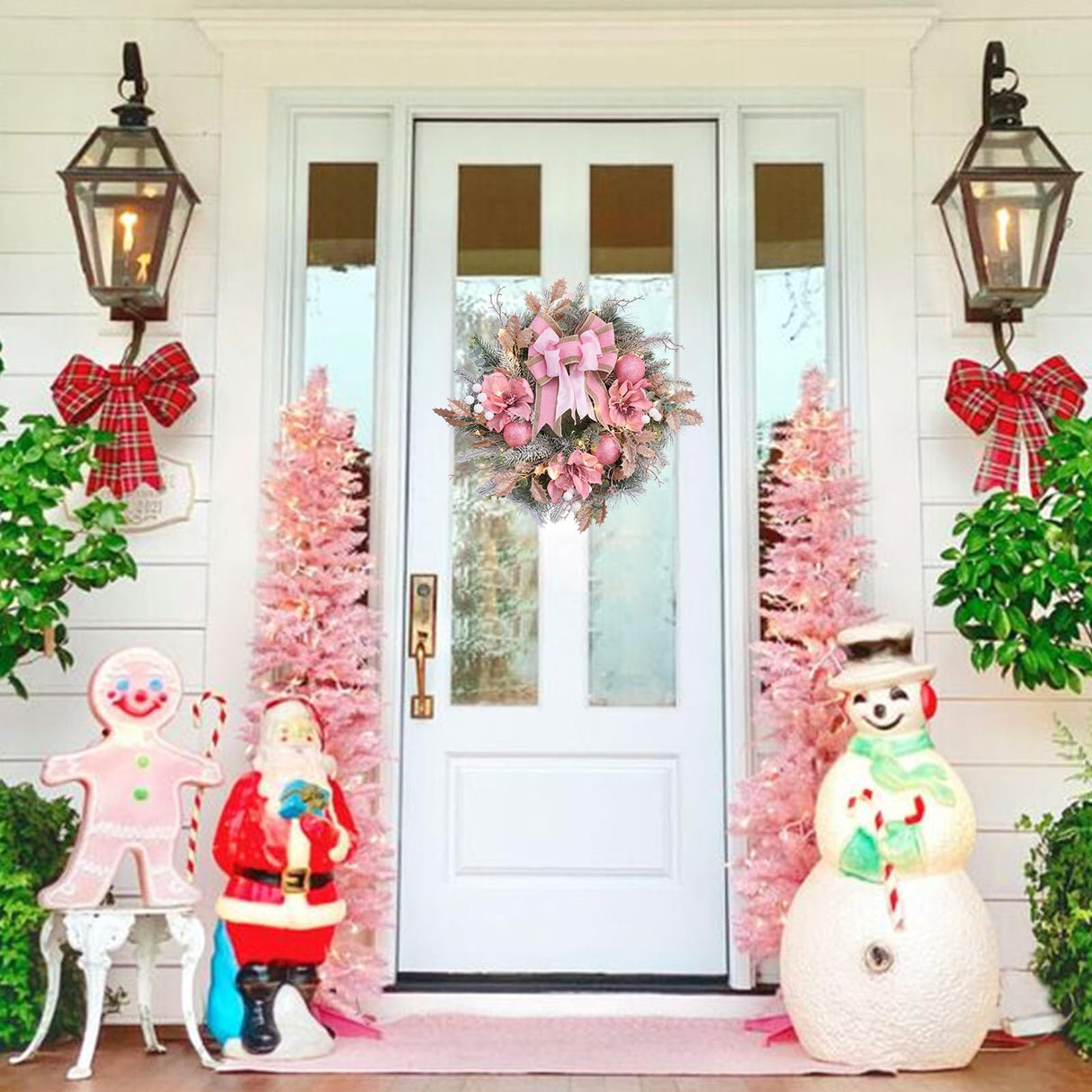 22inch Christmas Pink Wreath for Front Door with 30 LED Lights,Elegant Magnolia Christmas Door Wreath,Festive Holiday Decor, Frosted Winter Pink Decorations for Wedding Vofuly